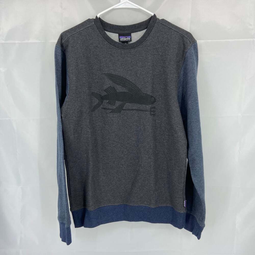 Patagonia Men XS Flying Fish Sweatshirt Gray Blue Long Sleeve Crew Neck Sport